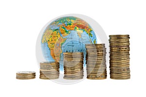 Five stacks of coins with a globe