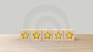 Five Star Cartoon Sketch Style on Wooden cube review on white background. Service rating, satisfaction concept. reviews and