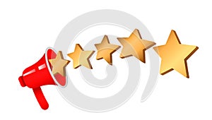 A five star customer rating product jump out of a megaphone. 5 gold stars rating