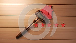 Five Star Feed Back Concept. Wooden Gavel Red House symbol