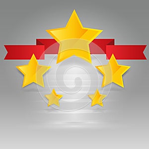Five star golden rating, feedback creative vector illustration with red ribbon winning