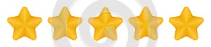 Five star rating, customer feedback concept. 5 yellow stars, glossy 3d vector illustration.