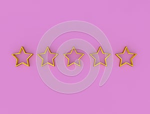 Five star rating. Five gold stars on a pink background. Rating and evaluation concept. 3D rendering