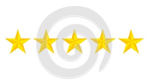 Five star rating icon.Evaluation hotel of 5 gold stars. Flat yellow stars on isolated background. vector