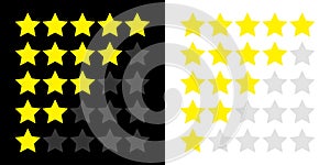 Five star rating icon set. Yellow color. Customer reviews. Feedback concept. Review survey. Flat design. Isolated. White and black