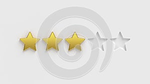 Five star rating. Three of the five gold rating stars on a white background. Rate a company or app online. 5 gold stars