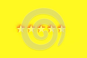 Five star service rating concept on yellow background, 3D rendering.