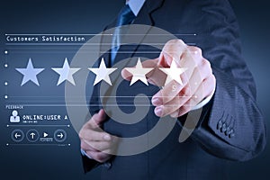 Five stars 5 rating with a businessman is touching virtual computer screen.For positive customer feedback and review with excell