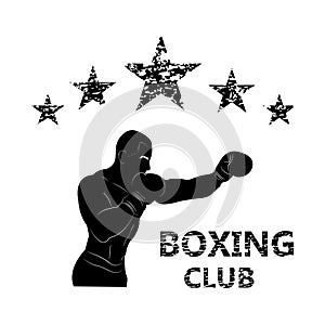 Five Stars. Boxing club. Demonstration of combat skills. Direct hit. Silhouette. Athlete in training