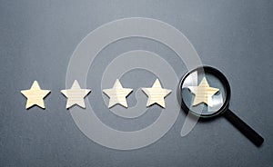 Five stars and a magnifying glass on the last star. Check the credibility of the rating or status of the institution, hotel