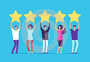 Five stars rating concept. Positive customer review feedback. People with gold stars in hands. Business vector