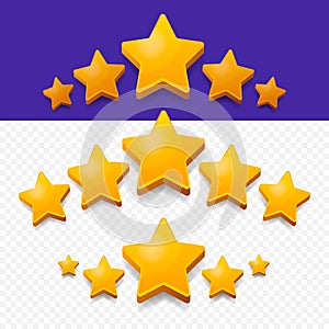 Five Stars Rating Gold icon. 3D cartoon game design ui elements. Win Prizes, Ratting, Award, Success concept. Vector photo