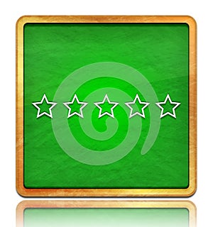 Five stars rating icon chalk board green square button slate texture wooden frame concept isolated on white background with shadow