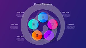 Five Step Circle Diagram. 5 Step Gradient Infographic Template for Presentation, Workflow Visualization and Business Data Flow