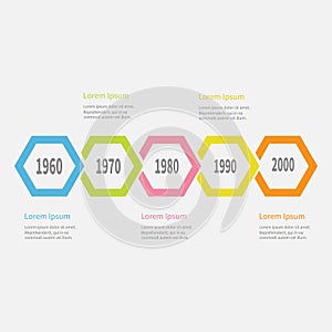 Five step Timeline Infographic. Colorful polygon line segment. Text Template. Flat design. White background. Isolated.