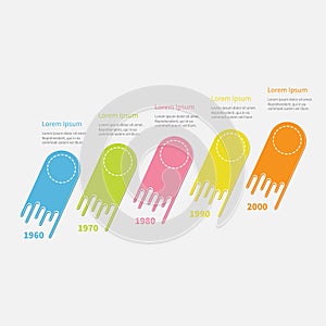 Five step Timeline Infographic diagonal. Colorful comet shape segment. Dash line circles. Template. Flat design. White