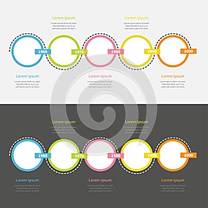 Five step Timeline Infographic set. Colorful circles and rectangle chain. Dash line track. Template. Black White background.