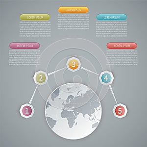 Five steps vector 3D infographic template with world map
