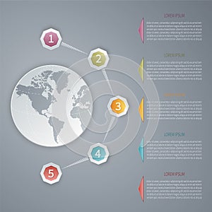 Five steps vector 3D infographic template with world map.