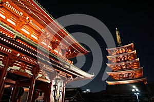Five-story pagoda. Hozomon or `Treasure House Gate` which provides the entrance to the inner complex Buddhist temple, Tokyo