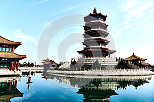 Five-story tower of the ancient architecture center of the Eight Immortals Crossing the Sea Scenic Area