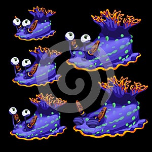 Five strange purple snails on a black background
