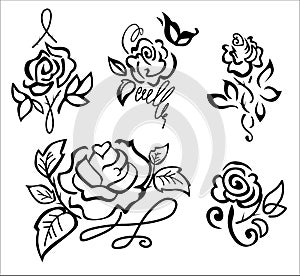 Five stylized rose patterns in a vector