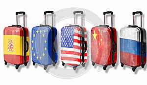 Five suitcases with flags of such countries depicted on them: Russia, China, America, European Union, Spain. Isolate