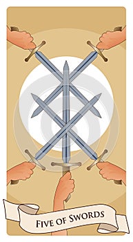 Five of swords. Crossing five swords on a symbolic image of the sun