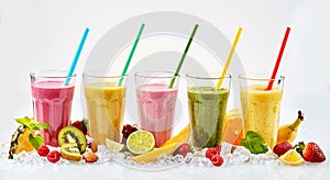 Five tall glasses of tropical fruit smoothies