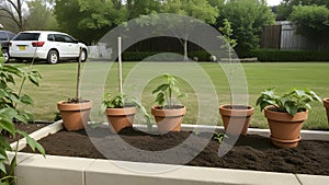 Five Terra Cotta Pots With Young Plants On Fresh Soil In A Raised Garden Bed With A Green Lawn