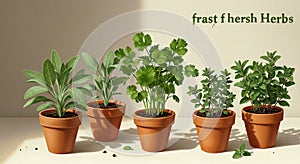 Five terracotta pots, each containing a different type of herb plant, are arranged in a