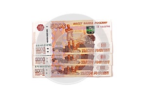 Five thousand rubles bill. Russian rubles. a bunch of 5000 Russian banknotes close up. Russian paper currency