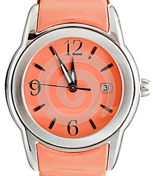 Five to twelve o'clock on dial orange wristwatch