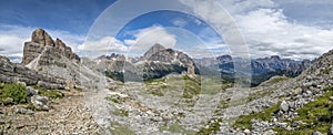 Five towers mountain in dolomites panorama landscape from nuvalau peak