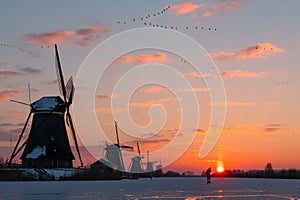 Five traditional windmills with skater, Kinderdijk, Netherlands