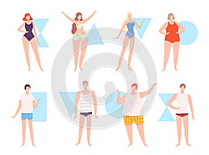 Five Types of Male and Female Body Shapes Set, Hourglass, Inverted Triangle, Round, Rectangle, Triangle, People in