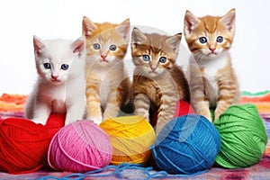 five various colors of kittens playing with yarn balls