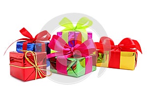 Five various glossy gift wrapped presents