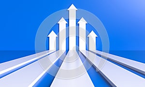 Five white arrows are pointing up on a blue background