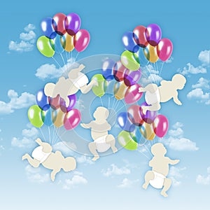 Five white babies flying on colorful balloons in the sky