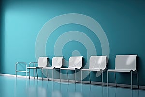 Five white chairs in a row against a blue wall, 3d render of a waiting room