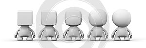 Five white human 3d people with heads shaped from spherical to cubical in front of a white background