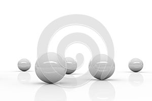 Five white reflective spheres blending into a bright white environment