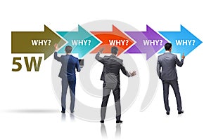 Five whys concept with businessman pressing virtual button