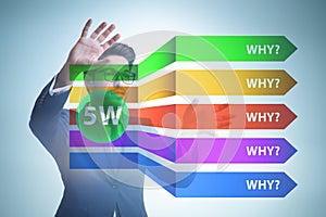 Five whys concept with businessman pressing virtual button photo