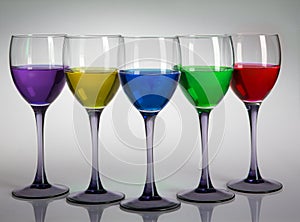 Five wine glasses with colours