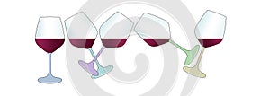 Five wine glasses containing a red wine are seen in an illustra