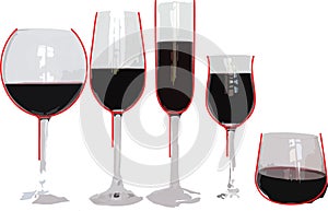 Five wine glasses with equal amount of wine