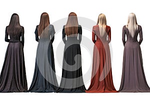 Five women in long dresses with different hair colors - concept of difference